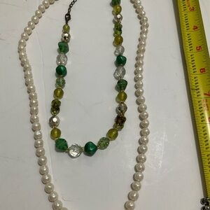 Layered Green Bead and White Pearl Necklace - Green & White